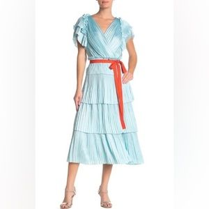 DVF Sasha Pleated Tiered Wrap Midi Dress in Blue